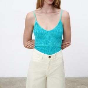 Zara blue turquoise jacquard V-neck knit straps camisole top NWT